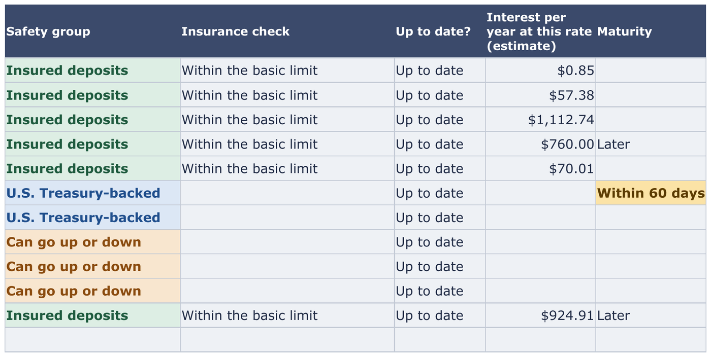 Calculated columns on the 1 Accounts tab: safety group, insurance check, up to date, interest estimate and maturity.